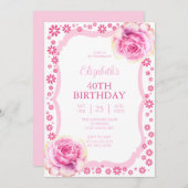 Elegant Roze Rose Bloemen Wit 40e Verjaardag Kaart (Voorkant / Achterkant)