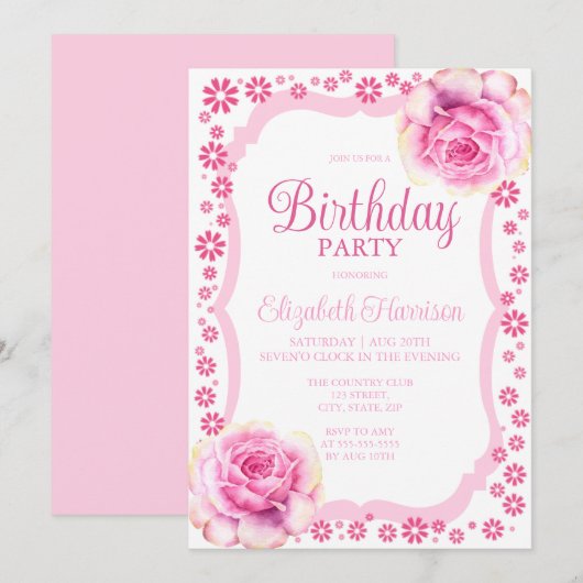 Elegant Roze Rose Bloemen Wit Verjaardagsfeest Kaart (Voorkant / Achterkant)