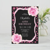 Elegant Roze Rose Bloemen Zwart 40e Verjaardag Kaart (Staand voorkant)