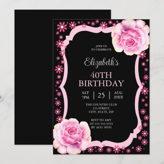 Elegant Roze Rose Bloemen Zwart 40e Verjaardag Kaart (Voorkant / Achterkant)