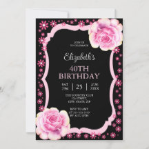 Elegant Roze Rose Bloemen Zwart 40e Verjaardag