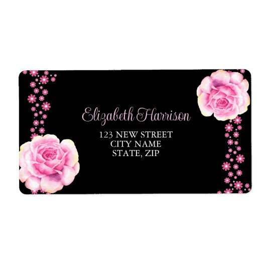 Elegant Roze Rose Bloemen Zwart Adres Etiket (Voorkant)