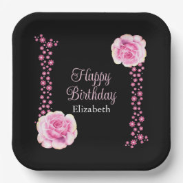 Elegant Roze Rose Bloemen Zwart Adres Papieren Bordje