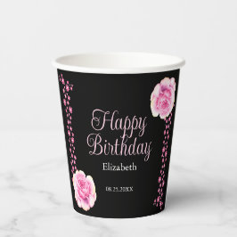 Elegant Roze Rose Bloemen Zwart Dank u Papieren Bekers