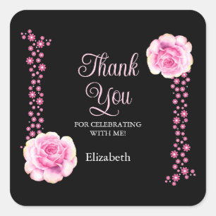 Elegant Roze Rose Bloemen Zwart Dank u Vierkante Sticker