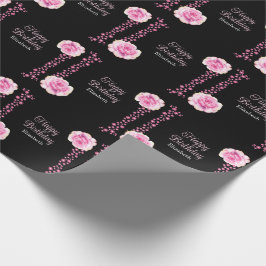 Elegant Roze Rose Bloemen Zwart Gelukkige Verjaard Cadeaupapier