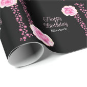 Elegant Roze Rose Bloemen Zwart Gelukkige Verjaard Cadeaupapier (Rol Hoek)