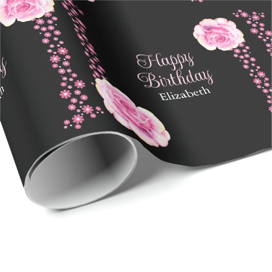 Elegant Roze Rose Bloemen Zwart Gelukkige Verjaard Cadeaupapier (Rol Hoek)