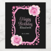 Elegant Roze Rose Bloemen Zwart Gelukkige Verjaard Wijn Etiket (Enkel label)