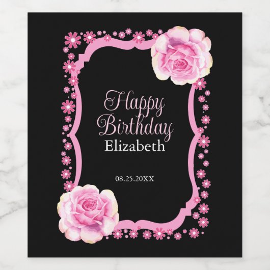 Elegant Roze Rose Bloemen Zwart Gelukkige Verjaard Wijn Etiket (Enkel label)
