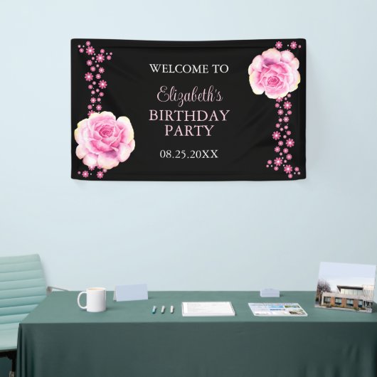 Elegant Roze Rose Bloemen Zwart Verjaardag Welkom Spandoek (Beurs)