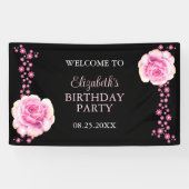 Elegant Roze Rose Bloemen Zwart Verjaardag Welkom Spandoek (Horizontaal)