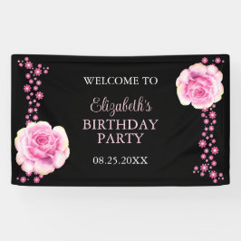 Elegant Roze Rose Bloemen Zwart Verjaardag Welkom Spandoek
