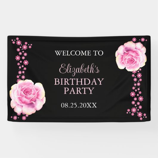 Elegant Roze Rose Bloemen Zwart Verjaardag Welkom Spandoek (Horizontaal)