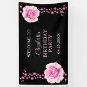 Elegant Roze Rose Bloemen Zwart Verjaardag Welkom Spandoek (Verticaal)