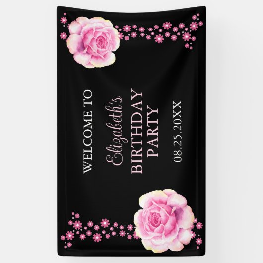 Elegant Roze Rose Bloemen Zwart Verjaardag Welkom Spandoek (Verticaal)