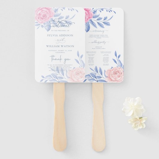 Elegant roze Rose Blue Minimalist Wedding Programm Handwaaier (Voorkant en achterkant)