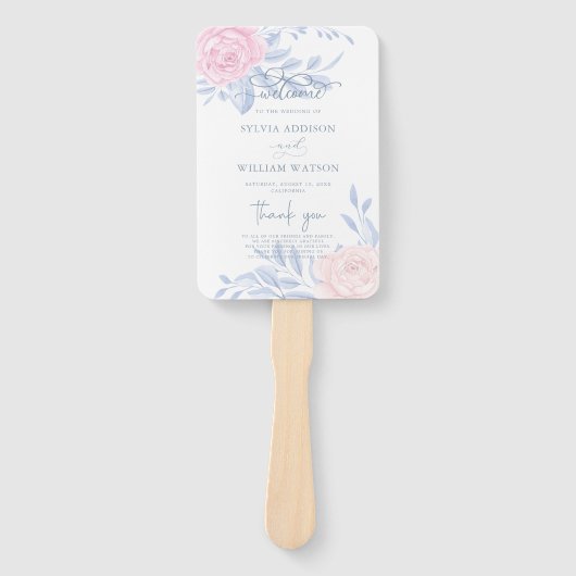 Elegant roze Rose Blue Minimalist Wedding Programm Handwaaier (Voorkant)