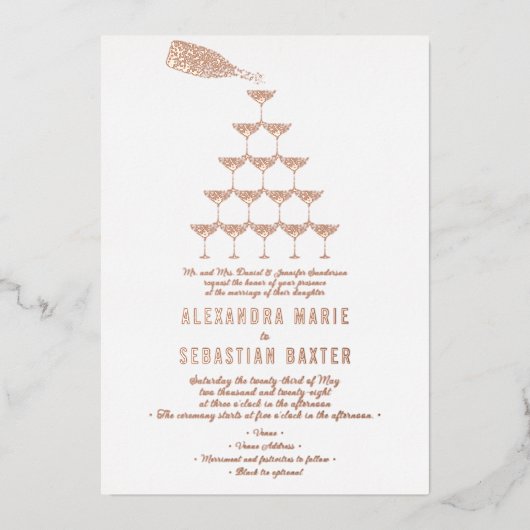 Elegant Roze Rose Champagne Tower Script Bruiloft Folie Uitnodiging (Voorkant)
