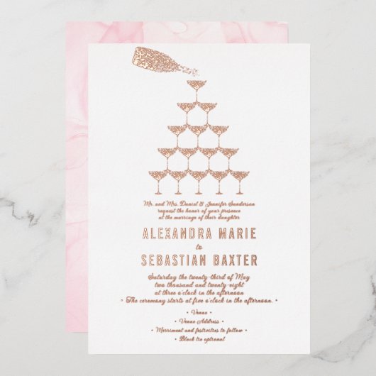 Elegant Roze Rose Champagne Tower Script Bruiloft Folie Uitnodiging (Voorkant / Achterkant)