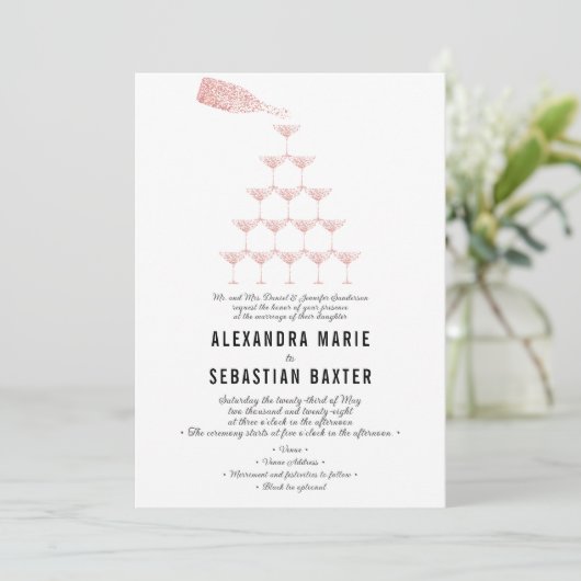 Elegant Roze Rose Champagne Tower Script Bruiloft Kaart (Staand voorkant)