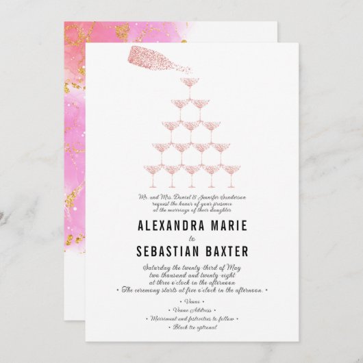 Elegant Roze Rose Champagne Tower Script Bruiloft Kaart (Voorkant / Achterkant)