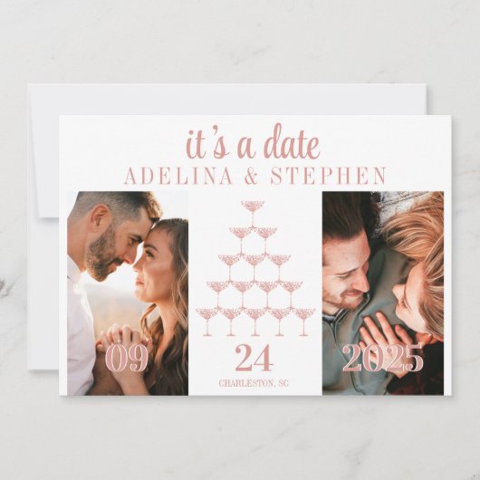 Elegant Roze Rose Champagne Tower Script Bruiloft Save The Date (Voorkant)