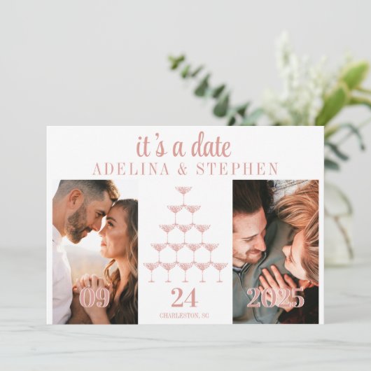 Elegant Roze Rose Champagne Tower Script Bruiloft Save The Date (Staand voorkant)