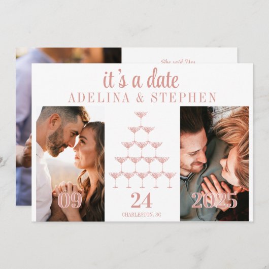 Elegant Roze Rose Champagne Tower Script Bruiloft Save The Date (Voorkant / Achterkant)