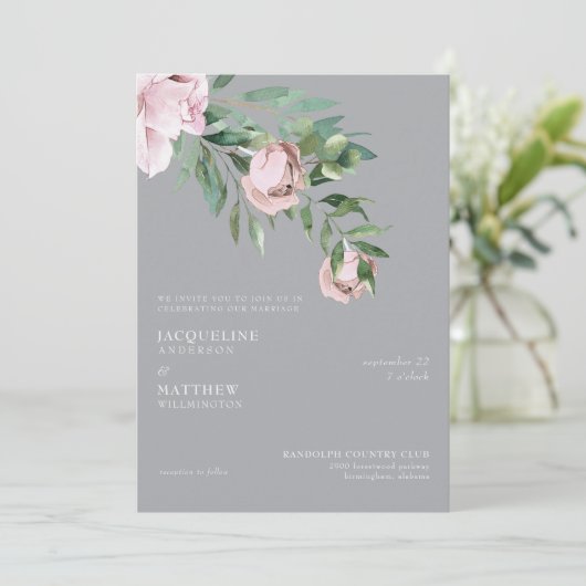 Elegant roze Rose en grijs geen ouders bruiloft Kaart (Staand voorkant)