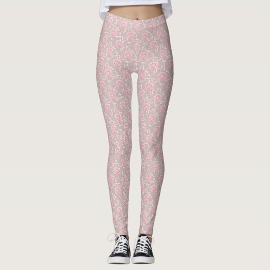 Elegant Roze Rose en Leaf All Over Print Leggings (Voorkant)