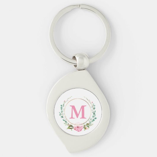 Elegant roze Rose en Monogram met Floral Wreate Sleutelhanger (Voorkant)