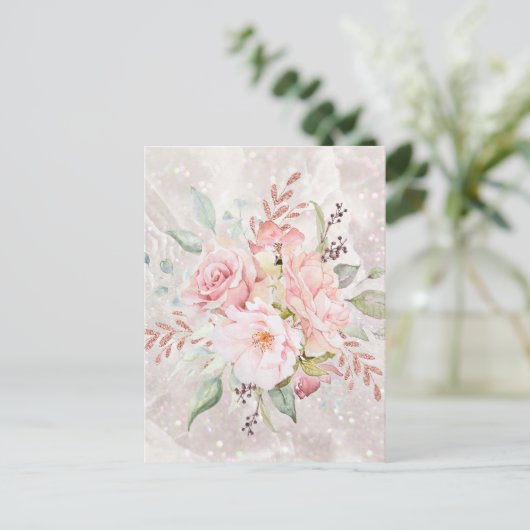 Elegant Roze Rose en Pioen Bloemen Marmer Briefkaart (Staand voorkant)