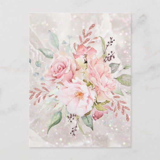 Elegant Roze Rose en Pioen Bloemen Marmer Briefkaart (Voorkant)