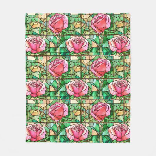 Elegant Roze Rose Faux Glas in lood Pattern Fleece Deken (Voorkant)