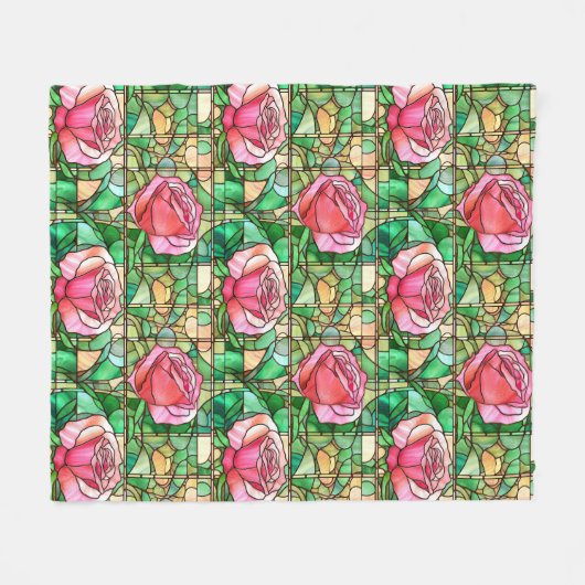 Elegant Roze Rose Faux Glas in lood Pattern Fleece Deken (Voorkant (Horizontaal))