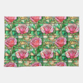 Elegant Roze Rose Faux Glas in lood Pattern Theedoek (Horizontaal)