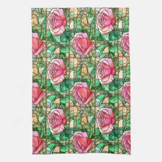 Elegant Roze Rose Faux Glas in lood Pattern Theedoek (Verticaal)