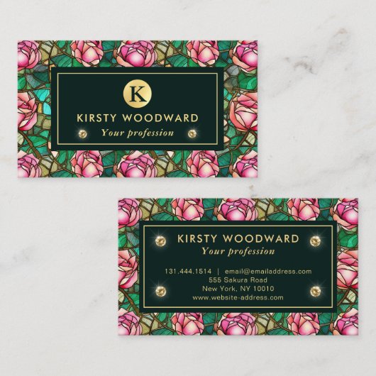 Elegant Roze Rose Faux Glas in lood Pattern Visitekaartje (Voorkant / Achterkant)