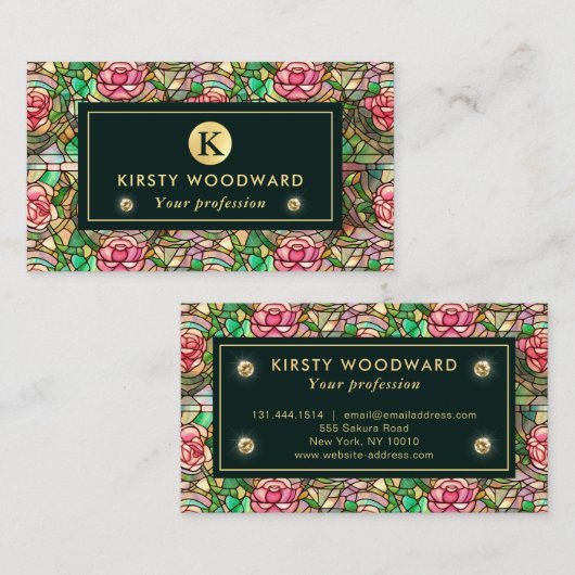 Elegant Roze Rose Faux Glas in lood Pattern Visitekaartje (Voorkant / Achterkant)
