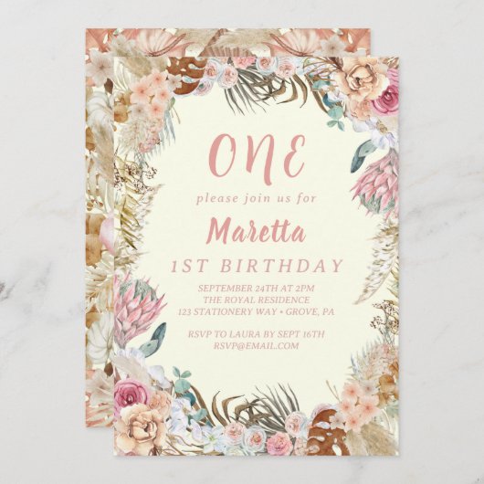 Elegant roze Rose First Birthday Party Kaart (Voorkant / Achterkant)