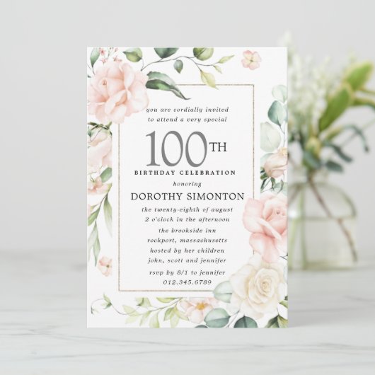 Elegant roze Rose Floral 100e verjaardag Kaart (Staand voorkant)