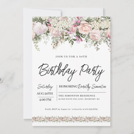 Elegant roze Rose Floral 80th Birthday Kaart (Voorkant)