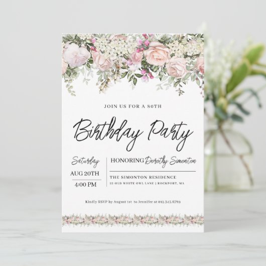 Elegant roze Rose Floral 80th Birthday Kaart (Staand voorkant)