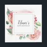 Elegant roze Rose Floral 80th Birthday Servet<br><div class="desc">Zo . Zachte, stoffige roze rozen en diepgroene bladeren creëer een prachtig waterverf bloemig lijst. De naam van de vrouw is geschreven in een modern script lettertype. Dit item is onderdeel van het Elegant Pink Rose Floral collectie. Het bevat sjablonen die u kunt gebruiken om bloemenuitnodigingen en feestartikelen te creëer....</div>