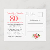 Elegant roze Rose Floral 80th Birthday Uitnodiging Briefkaart (Achterkant)