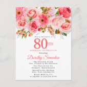 Elegant roze Rose Floral 80th Birthday Uitnodiging Briefkaart (Voorkant)