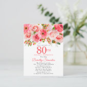 Elegant roze Rose Floral 80th Birthday Uitnodiging Briefkaart (Staand voorkant)