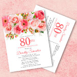 Elegant roze Rose Floral 80th Birthday Uitnodiging Briefkaart<br><div class="desc">Rozen, pinda's en bruinvissen creëer zomerroze bloemen. Buds en bladeren voegen een bijtende vibe toe. De 80ste wordt geschreven in een grote vetgedrukte tekst. Het kan voor elk jaar worden gewijzigd dat u wilt. De naam van de verjaardagsberoemde wordt geschreven in een elegant manuscriptdoopvont. De rug van het briefkaart verstrekt...</div>