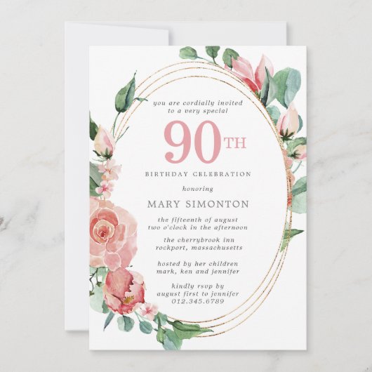 Elegant roze Rose Floral 90e verjaardag Kaart (Voorkant)